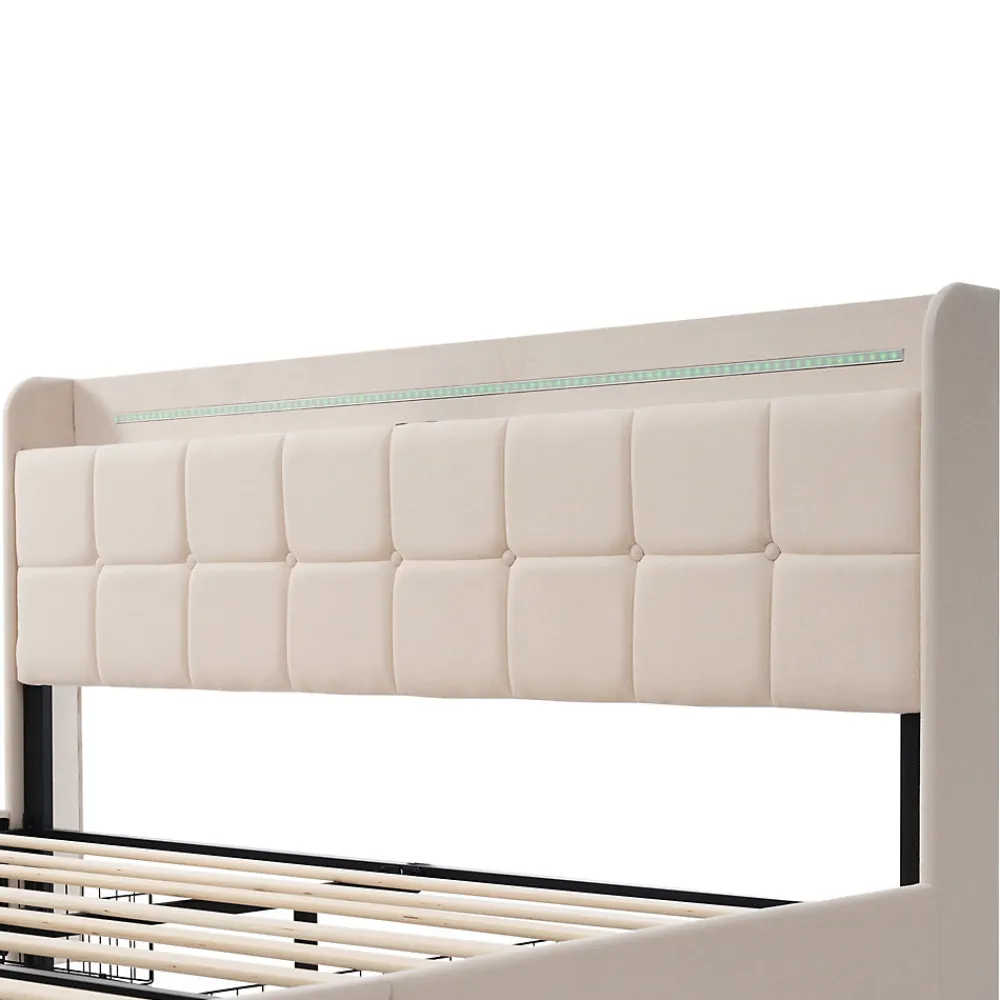 Lit avec rangement 160 x 200 cm - Lit Double avec Ports USB et LED - Lin Bois Métal - Sans Matelas - Beige>Generique Discount
