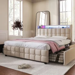 Okwish Lit avec rangement 140 x 200 cm - Lit Double avec 4 Tiroirs et LED - Lin Bois Métal - Sans Matelas - Beige* Lit Avec Rangement
