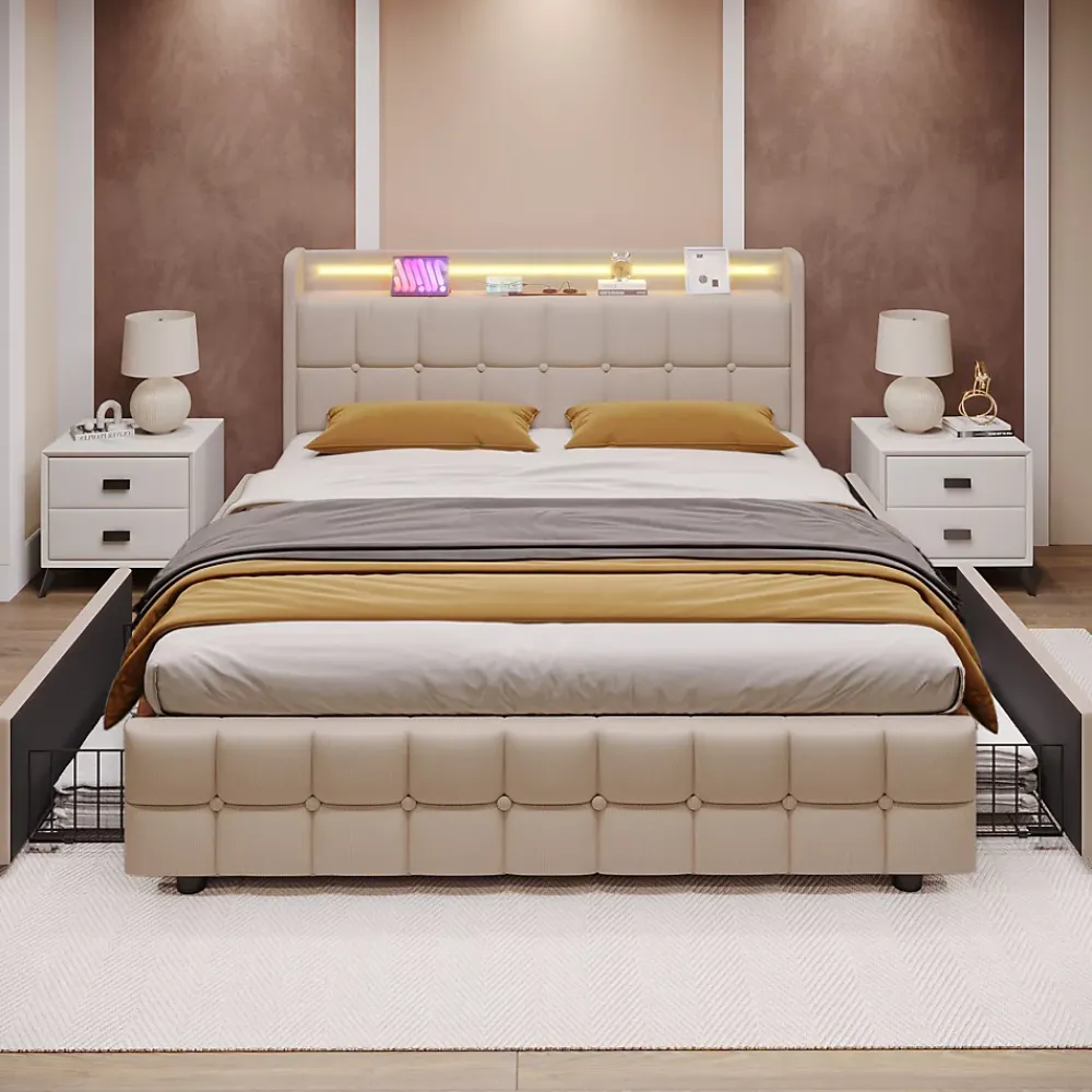 Okwish Lit avec rangement 140 x 200 cm - Lit Double avec 4 Tiroirs et LED - Lin Bois Métal - Sans Matelas - Beige* Lit Avec Rangement