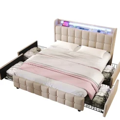 Okwish Lit avec rangement 140 x 200 cm - Lit Double avec 4 Tiroirs et LED - Lin Bois Métal - Sans Matelas - Beige* Lit Avec Rangement