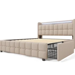 Okwish Lit avec rangement 140 x 200 cm - Lit Double avec 4 Tiroirs et LED - Lin Bois Métal - Sans Matelas - Beige* Lit Avec Rangement