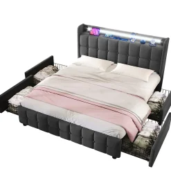 Lit avec rangement 140 x 200 cm - Lit Double avec 4 Tiroirs et LED - Lin Bois Métal - Sans Matelas - Gris><noscript><img width=