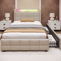 Lit avec rangement 90 x 200 cm - Lit Simple avec Ports USB et Matelas - Lin Bois Métal - avec Matelas - Beige>Okwish Clearance