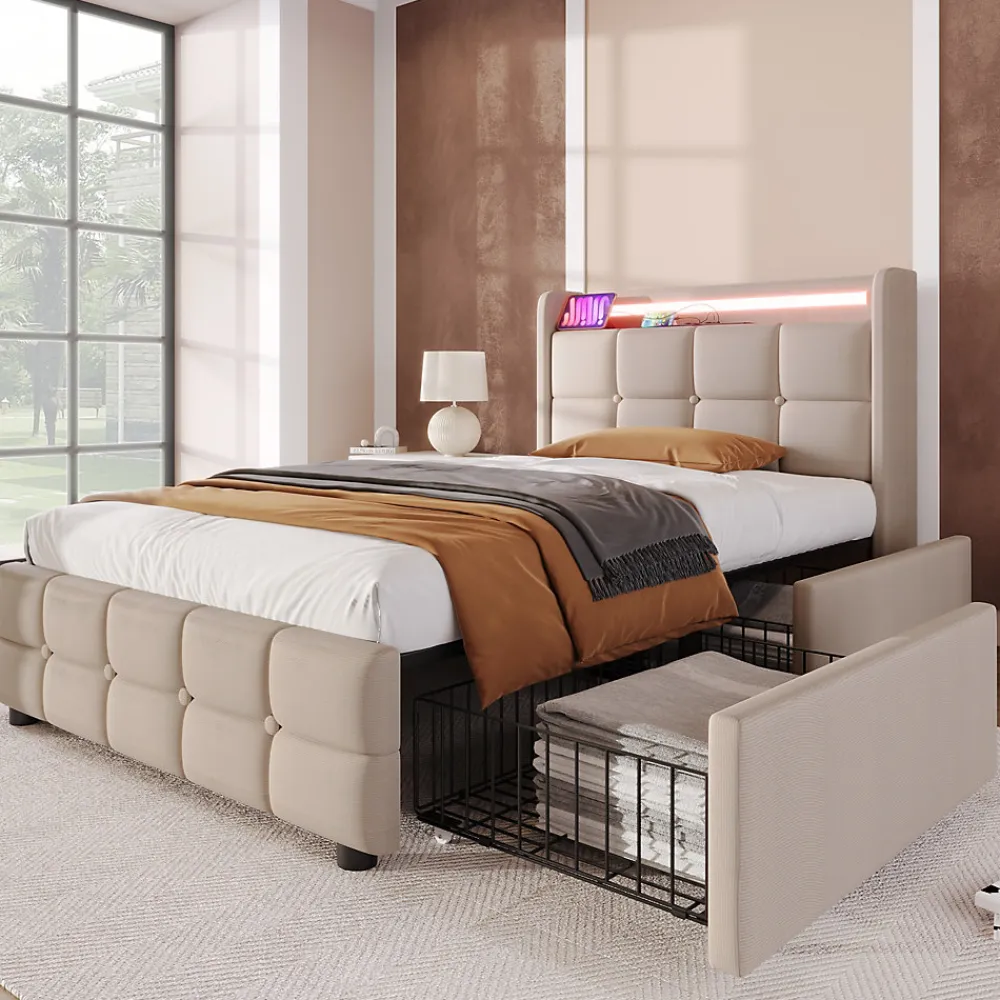 Lit avec rangement 90 x 200 cm - Lit Simple avec Ports USB et Matelas - Lin Bois Métal - avec Matelas - Beige>Okwish Clearance