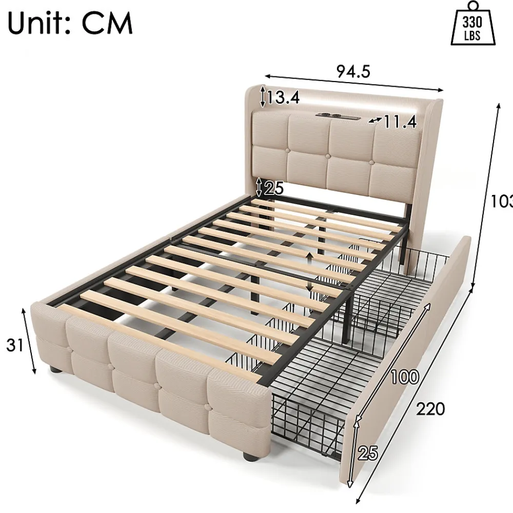 Lit avec rangement 90 x 200 cm - Lit Simple avec Ports USB et Matelas - Lin Bois Métal - avec Matelas - Beige>Okwish Clearance