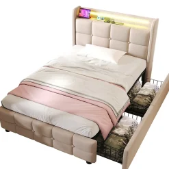 Lit avec rangement 90 x 200 cm - Lit Simple avec Ports USB et Matelas - Lin Bois Métal - avec Matelas - Beige><noscript><img width=