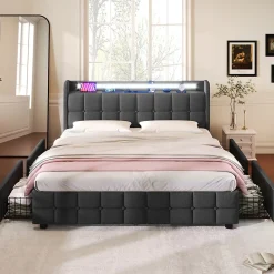 Okwish Lit avec rangement 160 x 200 cm - Lit Double avec Ports USB et LED - Lin Bois Métal - Sans Matelas - Gris* Lit Avec Rangement