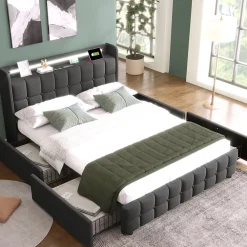 Okwish Lit avec rangement 160 x 200 cm - Lit Double avec Ports USB et LED - Lin Bois Métal - Sans Matelas - Gris* Lit Avec Rangement