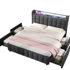 Okwish Lit avec rangement 160 x 200 cm - Lit Double avec Ports USB et LED - Lin Bois Métal - Sans Matelas - Gris* Lit Avec Rangement