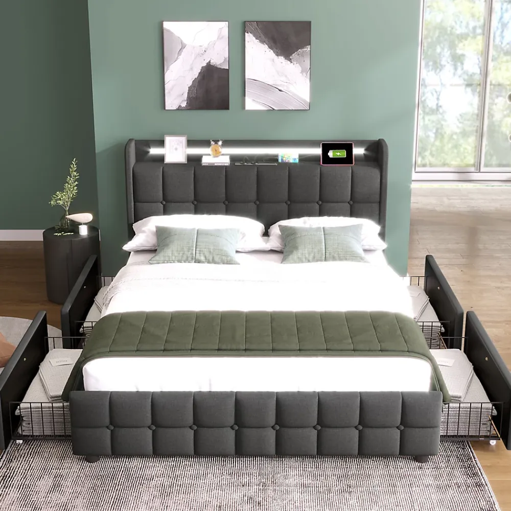 Okwish Lit avec rangement 180 x 200 cm - Lit Double avec Ports USB et LED - Lin Bois Métal - Sans Matelas - Gris* Lit Avec Rangement