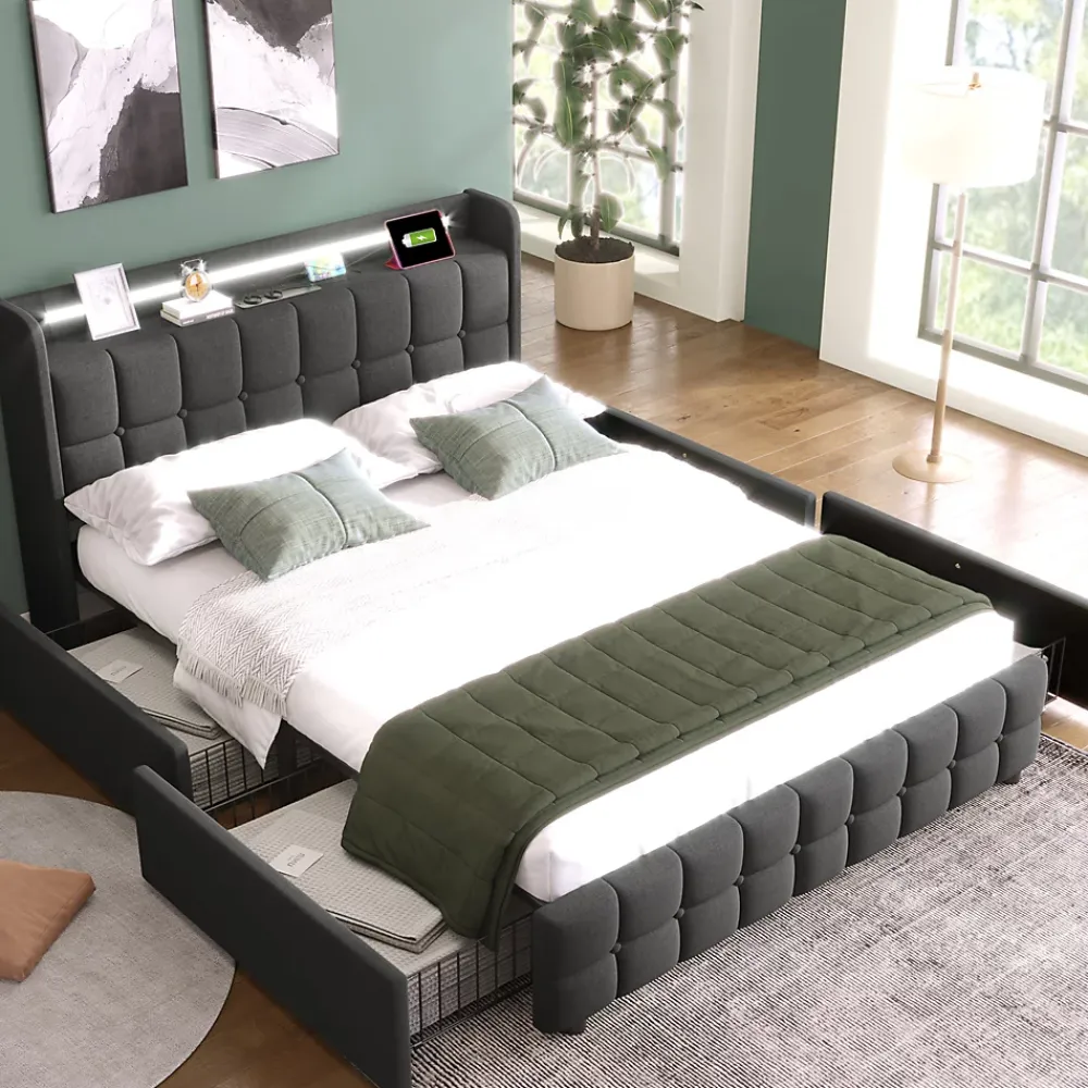 Okwish Lit avec rangement 180 x 200 cm - Lit Double avec Ports USB et LED - Lin Bois Métal - Sans Matelas - Gris* Lit Avec Rangement