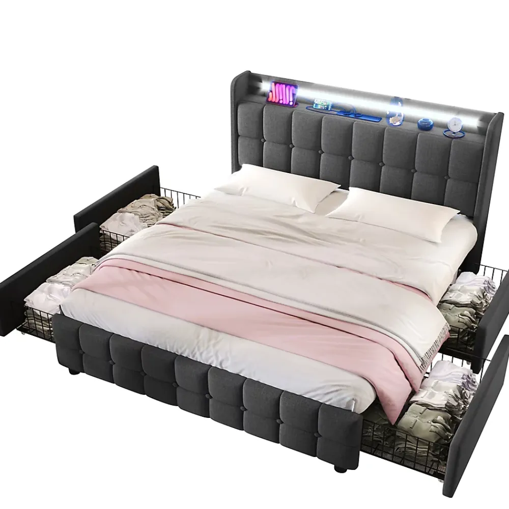 Okwish Lit avec rangement 180 x 200 cm - Lit Double avec Ports USB et LED - Lin Bois Métal - Sans Matelas - Gris* Lit Avec Rangement
