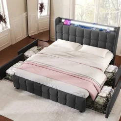 Okwish Lit avec rangement 180 x 200 cm - Lit Double avec Ports USB et LED - Lin Bois Métal - Sans Matelas - Gris* Lit Avec Rangement