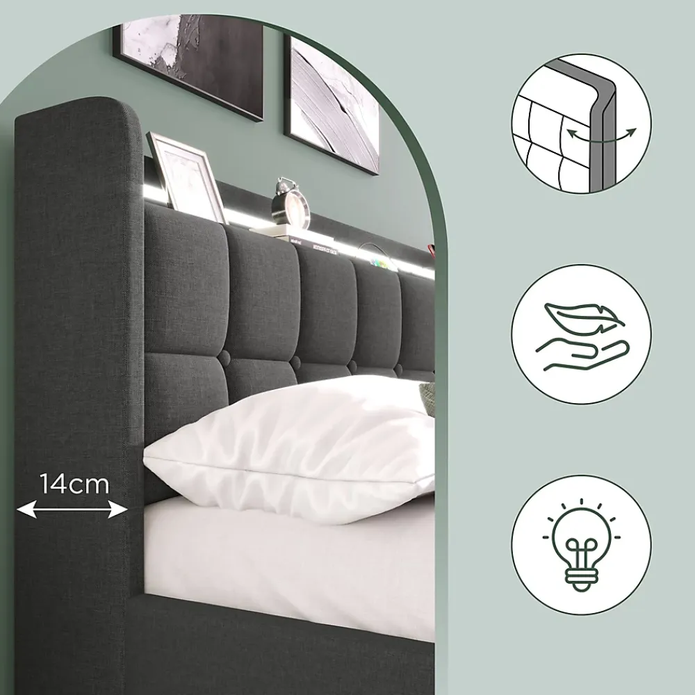 Okwish Lit avec rangement 180 x 200 cm - Lit Double avec Ports USB et LED - Lin Bois Métal - Sans Matelas - Gris* Lit Avec Rangement