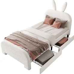 Okwish Lit avec rangement 90 x 200 cm - Lit Simple avec 2 Tiroirs - Peluche + MDF - Sans Matelas - Blanc* Lit Avec Rangement