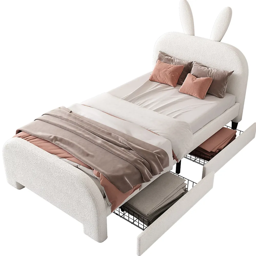 Okwish Lit avec rangement 90 x 200 cm - Lit Simple avec 2 Tiroirs - Peluche + MDF - Sans Matelas - Blanc* Lit Avec Rangement