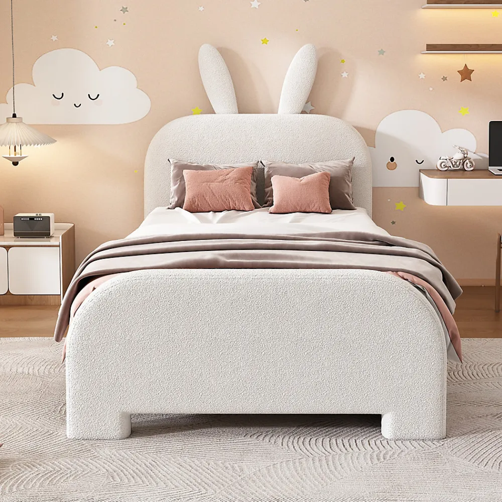 Okwish Lit avec rangement 90 x 200 cm - Lit Simple avec 2 Tiroirs - Peluche + MDF - Sans Matelas - Blanc* Lit Avec Rangement