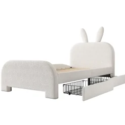 Okwish Lit avec rangement 90 x 200 cm - Lit Simple avec 2 Tiroirs - Peluche + MDF - Sans Matelas - Blanc* Lit Avec Rangement