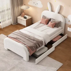 Okwish Lit avec rangement 90 x 200 cm - Lit Simple avec 2 Tiroirs - Peluche + MDF - Sans Matelas - Blanc* Lit Avec Rangement