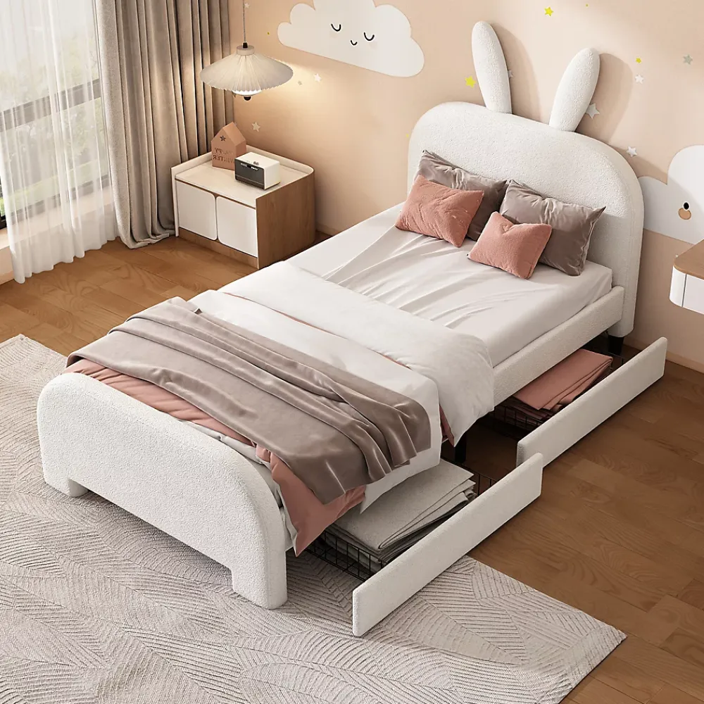Okwish Lit avec rangement 90 x 200 cm - Lit Simple avec 2 Tiroirs - Peluche + MDF - Sans Matelas - Blanc* Lit Avec Rangement