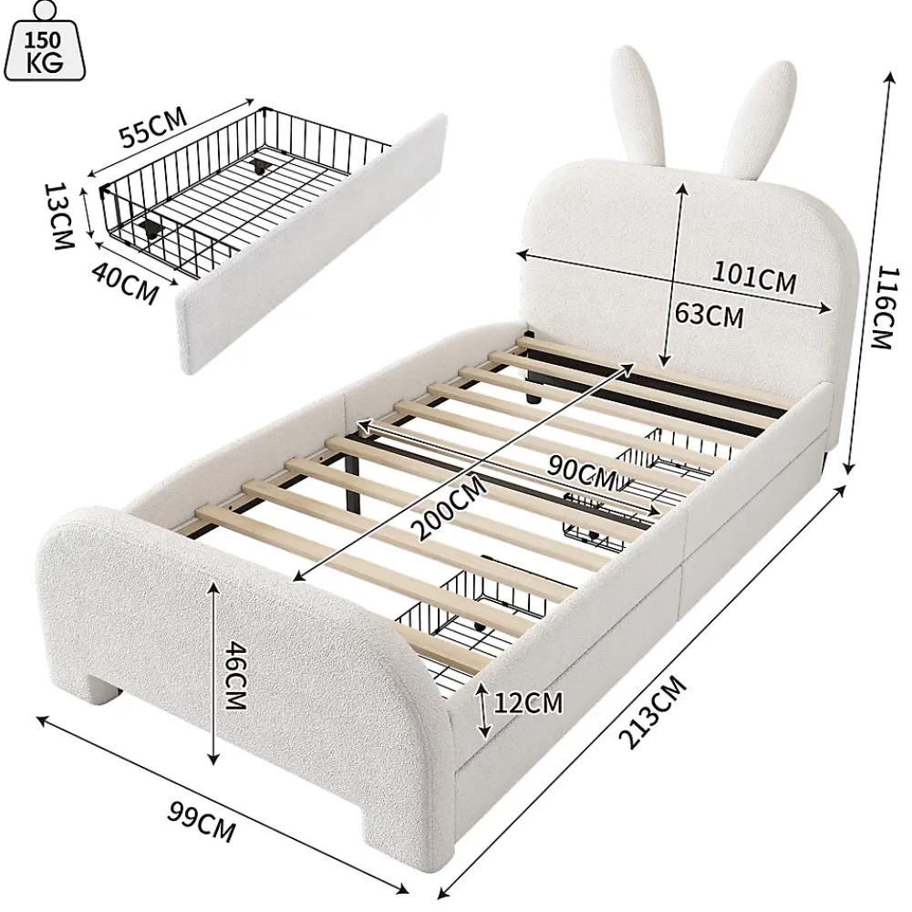 Okwish Lit avec rangement 90 x 200 cm - Lit Simple avec 2 Tiroirs - Peluche + MDF - Sans Matelas - Blanc* Lit Avec Rangement