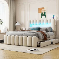 Lit avec Rangement 160 x 200 cm - Lit Capitonné avec 4 Tiroirs, LED et USB - Velours + MDF - Sans Matelas - Beige>Okwish Clearance