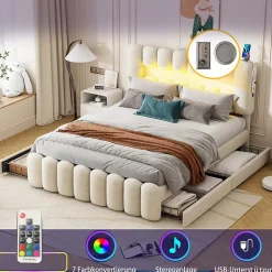 Lit avec Rangement 160 x 200 cm - Lit Capitonné avec 4 Tiroirs, LED et USB - Velours + MDF - Sans Matelas - Beige><noscript><img width=