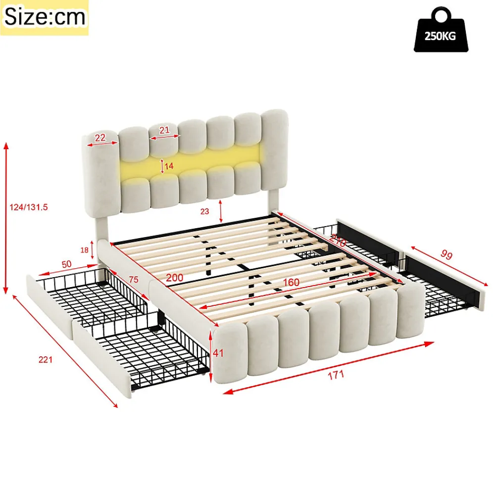 Lit avec Rangement 160 x 200 cm - Lit Capitonné avec 4 Tiroirs, LED et USB - Velours + MDF - Sans Matelas - Beige>Okwish Clearance
