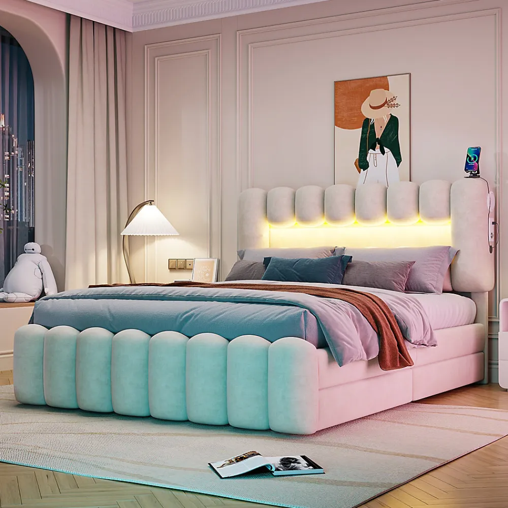 Lit avec Rangement 160 x 200 cm - Lit Capitonné avec 4 Tiroirs, LED et USB - Velours + MDF - Sans Matelas - Beige>Okwish Clearance