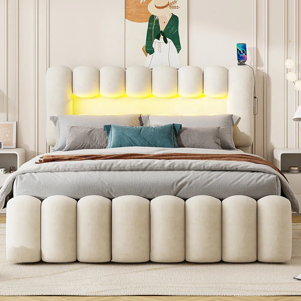 Lit avec Rangement 160 x 200 cm - Lit Capitonné avec 4 Tiroirs, LED et USB - Velours + MDF - Sans Matelas - Beige>Okwish Clearance