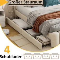 Lit avec Rangement 160 x 200 cm - Lit Capitonné avec 4 Tiroirs, LED et USB - Velours + MDF - Sans Matelas - Beige><noscript><img width=