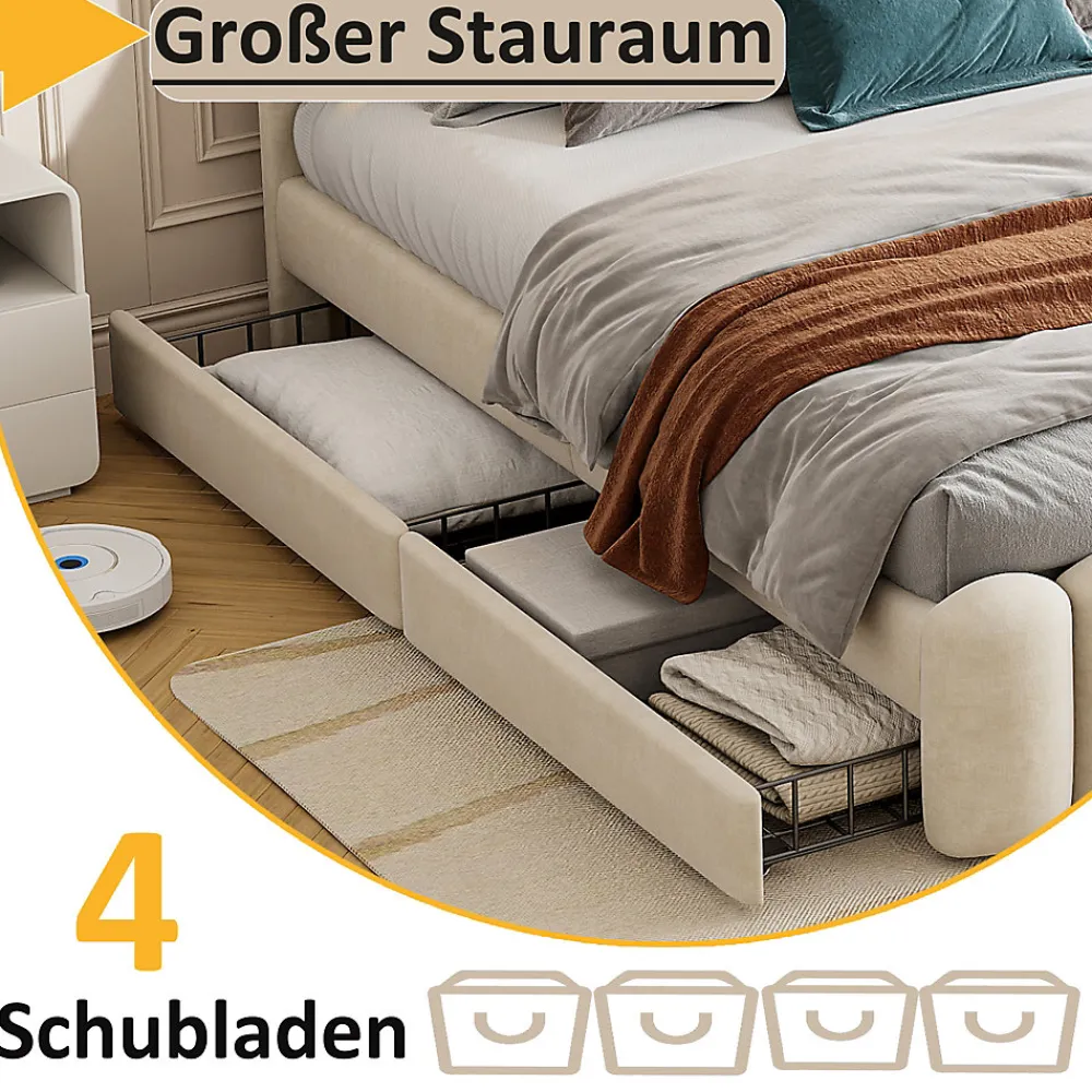 Lit avec Rangement 160 x 200 cm - Lit Capitonné avec 4 Tiroirs, LED et USB - Velours + MDF - Sans Matelas - Beige>Okwish Clearance