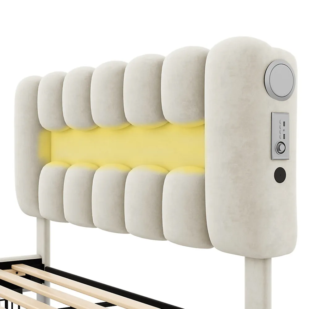 Lit avec Rangement 160 x 200 cm - Lit Capitonné avec 4 Tiroirs, LED et USB - Velours + MDF - Sans Matelas - Beige>Okwish Clearance