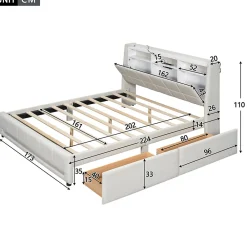 Lit avec rangement 160 x 200 cm - Lit Double avec 2 Tiroirs et Prise USB - Lin - Sans Matelas - Beige><noscript><img width=