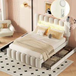 Lit avec Rangement 140 x 200 cm - Lit Capitonné Beige avec 4 Tiroirs et LED - Velours + MDF - Sans Matelas><noscript><img width=