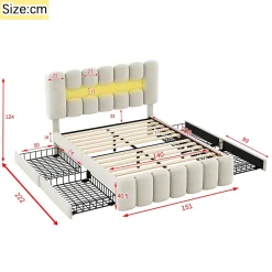Lit avec Rangement 140 x 200 cm - Lit Capitonné Beige avec 4 Tiroirs et LED - Velours + MDF - Sans Matelas><noscript><img width=
