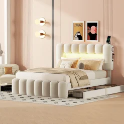 Lit avec Rangement 140 x 200 cm - Lit Capitonné Beige avec 4 Tiroirs et LED - Velours + MDF - Sans Matelas><noscript><img width=