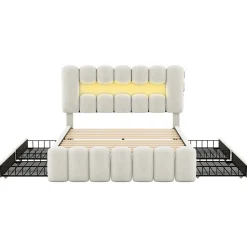 Lit avec Rangement 140 x 200 cm - Lit Capitonné Beige avec 4 Tiroirs et LED - Velours + MDF - Sans Matelas><noscript><img width=