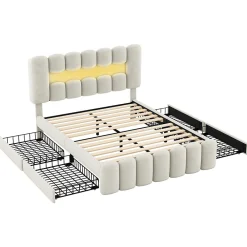 Lit avec Rangement 140 x 200 cm - Lit Capitonné Beige avec 4 Tiroirs et LED - Velours + MDF - Sans Matelas><noscript><img width=
