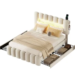 Lit avec Rangement 140 x 200 cm - Lit Capitonné Beige avec 4 Tiroirs et LED - Velours + MDF - Sans Matelas><noscript><img width=