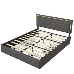 Lit avec Rangement avec éclairage LED, PU Cuir 4 Tiroirs Lit Capitonné avec sommier Gris, 140X200CM>Fortuna lai Discount