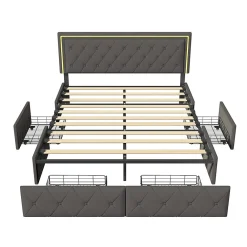 Lit avec Rangement avec éclairage LED, PU Cuir 4 Tiroirs Lit Capitonné avec sommier Gris, 140X200CM>Fortuna lai Discount