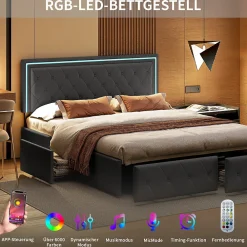 Lit avec Rangement avec éclairage LED, PU Cuir 4 Tiroirs Lit Capitonné avec sommier Gris, 140X200CM><noscript><img width=