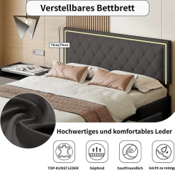 Lit avec Rangement avec éclairage LED, PU Cuir 4 Tiroirs Lit Capitonné avec sommier Gris, 140X200CM><noscript><img width=
