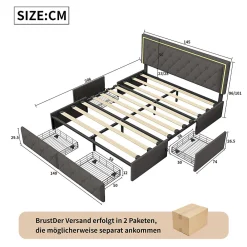 Lit avec Rangement avec éclairage LED, PU Cuir 4 Tiroirs Lit Capitonné avec sommier Gris, 140X200CM><noscript><img width=