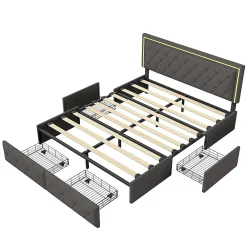 Lit avec Rangement avec éclairage LED, PU Cuir 4 Tiroirs Lit Capitonné avec sommier Gris, 140X200CM><noscript><img width=