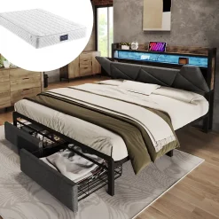 Okwish Lit avec rangement 140x200 - Lit double avec fonction USB Type C et tiroirs - Lin - Matelas Inclus - Gris* Ensemble Sommier Et Matelas