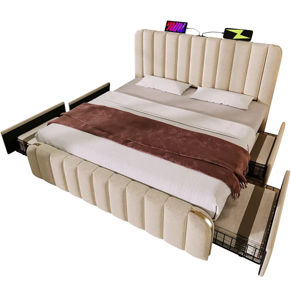 Okwish Lit avec rangement 140x200 - Lit double rembourré avec fonction USB Type-C et 4 tiroirs - Lin - Sans Matelas - Beige* Ensemble Sommier Et Matelas