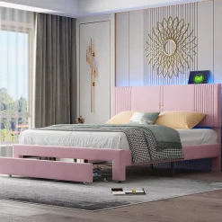 Okwish Lit avec Rangement 160x200 cm - Lit Capitonné Double Adulte avec Bande Lumineuse, Port USB et Tiroir - Rose* Lit Avec Rangement