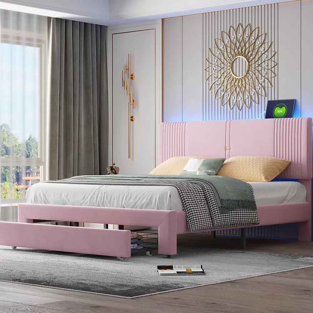 Okwish Lit avec Rangement 160x200 cm - Lit Capitonné Double Adulte avec Bande Lumineuse, Port USB et Tiroir - Rose* Lit Avec Rangement